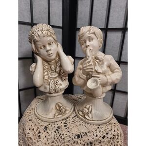 Vintage 1971 Universal Statuary J Kendrick Chalkware Busts Boy Saxophone Girl